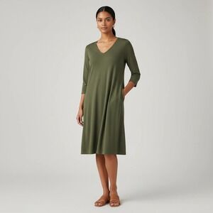 Eileen Fisher Dress Women Medium Green Organic Cotton V-Neck 3/4 Sleeve Pockets
